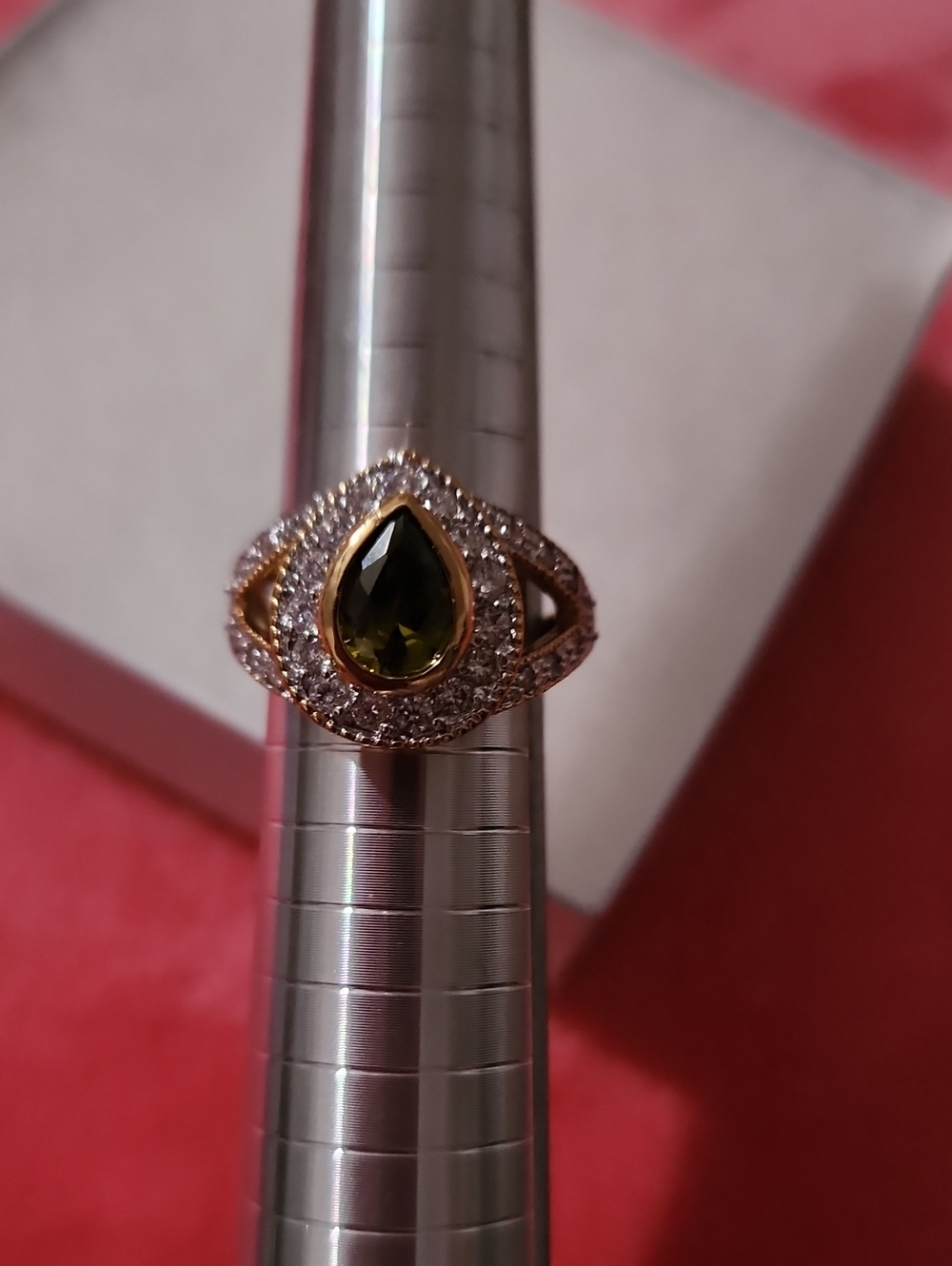 Gold Teardrop Green Halo Ring - Women Jewelry- Size 8.25